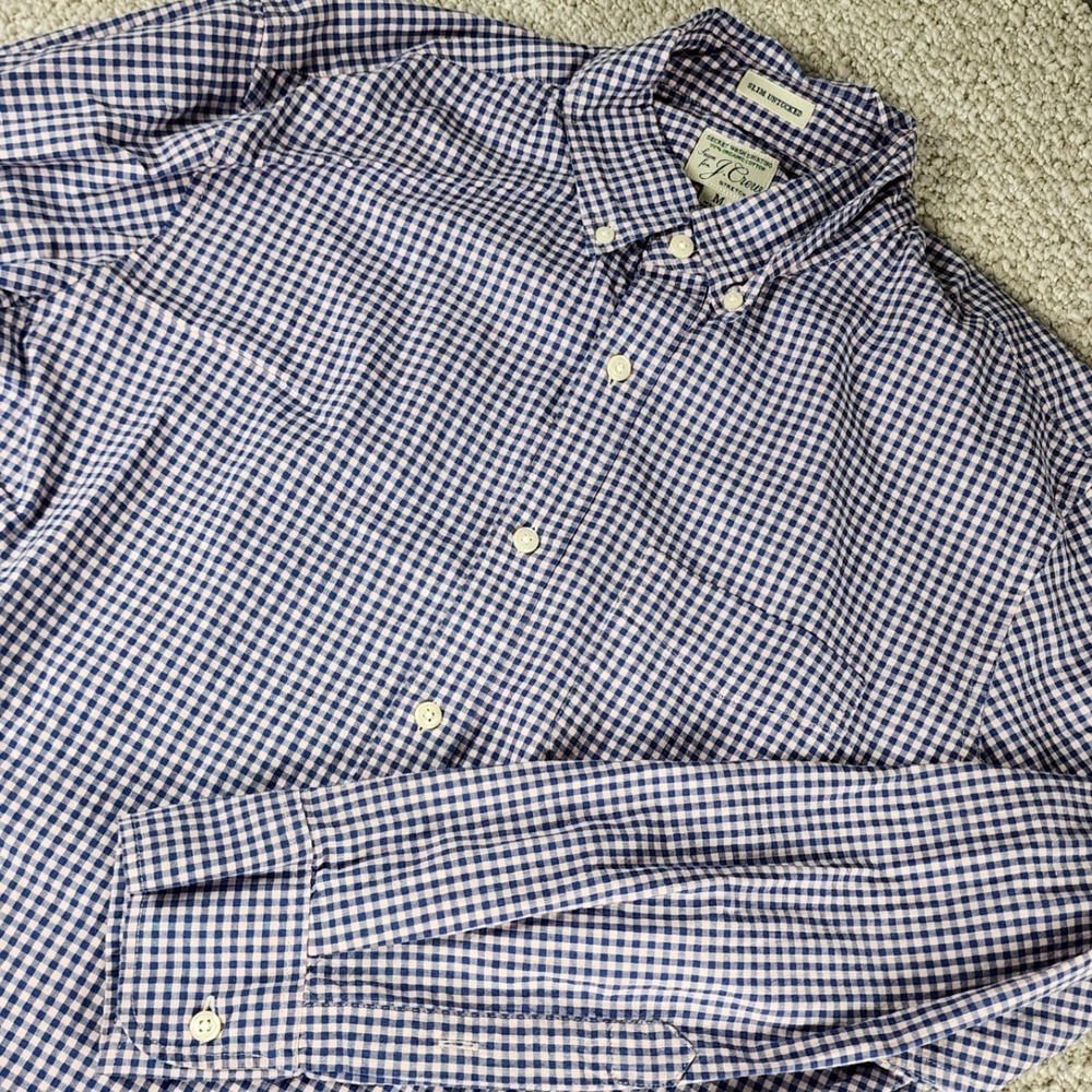 J.Crew Button Down Shirt Medium Slim Untucked Gingham Stretch Cotton Blue Pink